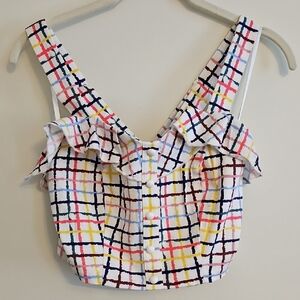 ModCloth White Multicolor Plaid Ruffle Crop Top